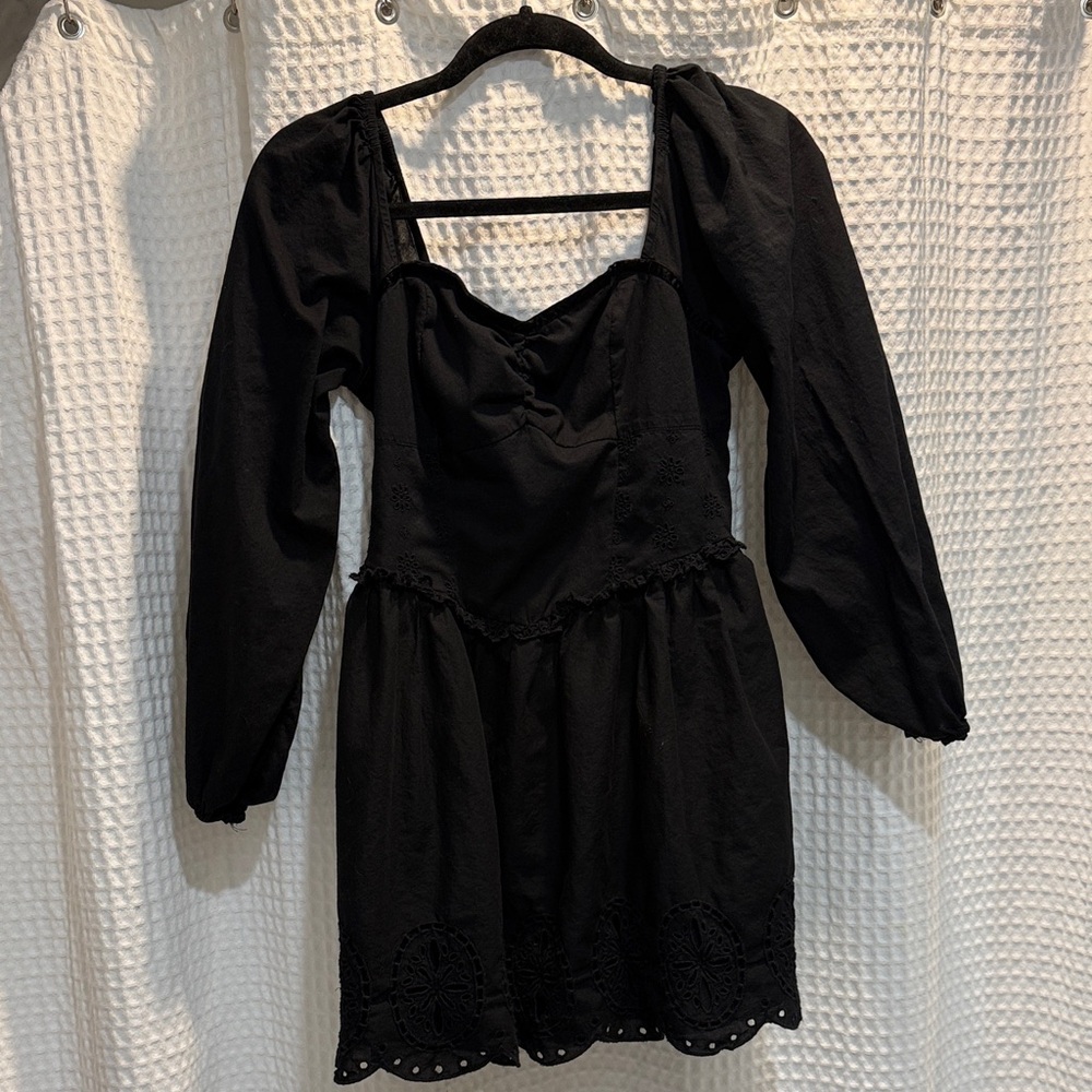 American Eagle Black Long-Sleeve Mini Dress with Eyelet Detail